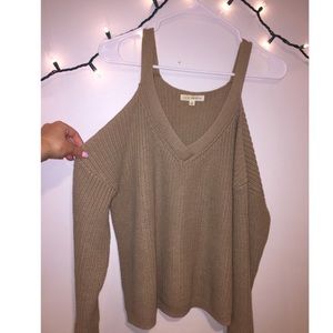 Off The Shoulder Cold Shoulder Tan V-neck Sweater